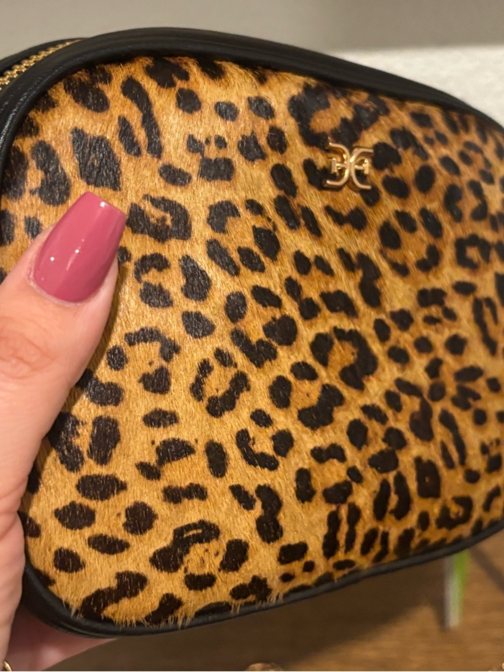 Sam Edelman Leopard Spot Calf Hair Crossbody in Brown and Black with Gold Chain - Picture 5 of 12